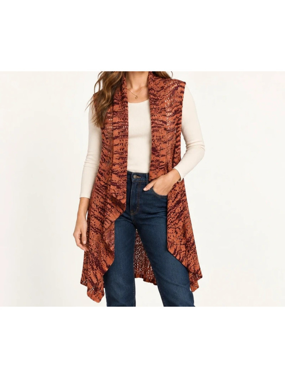 Rust Open-Knit Waterfall Vest Boho Crochet Cardigan